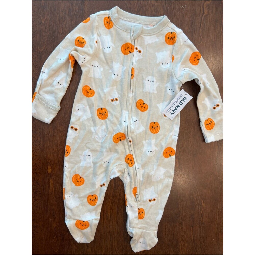 Old Navy Halloween Ghost Pumpkin Footed Sleeper Pajamas NWT 2-Way Zipper